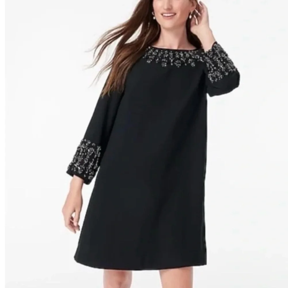 J Crew Embellished Long Sleeve Black Shift Dress